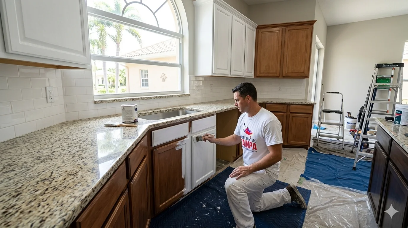 drywall repair and painting estimate Tampa FL — House Painters Tampa reviewing repair scope with Tampa homeowner