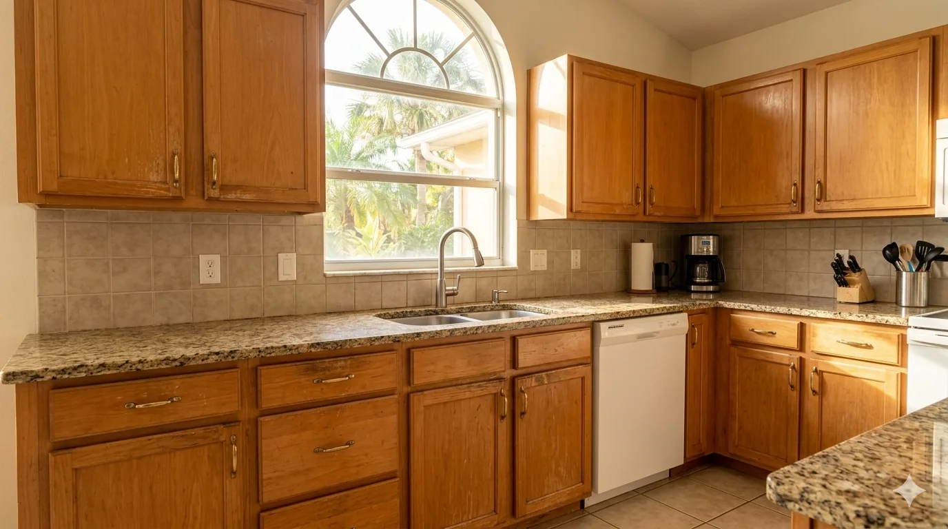Dated wood kitchen cabinets in a Tampa home before refinishing
