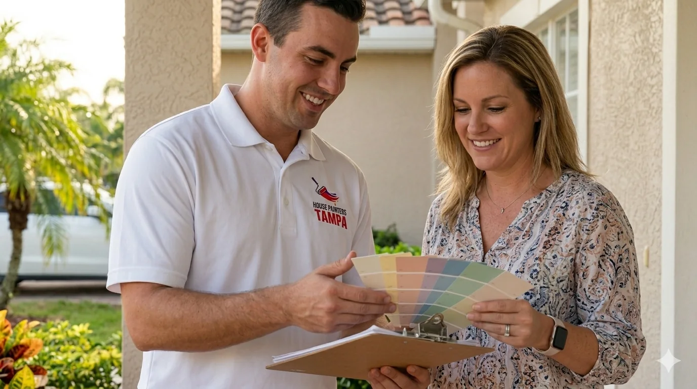 House Painters Tampa estimator reviewing paint colors with a homeowner in Tampa