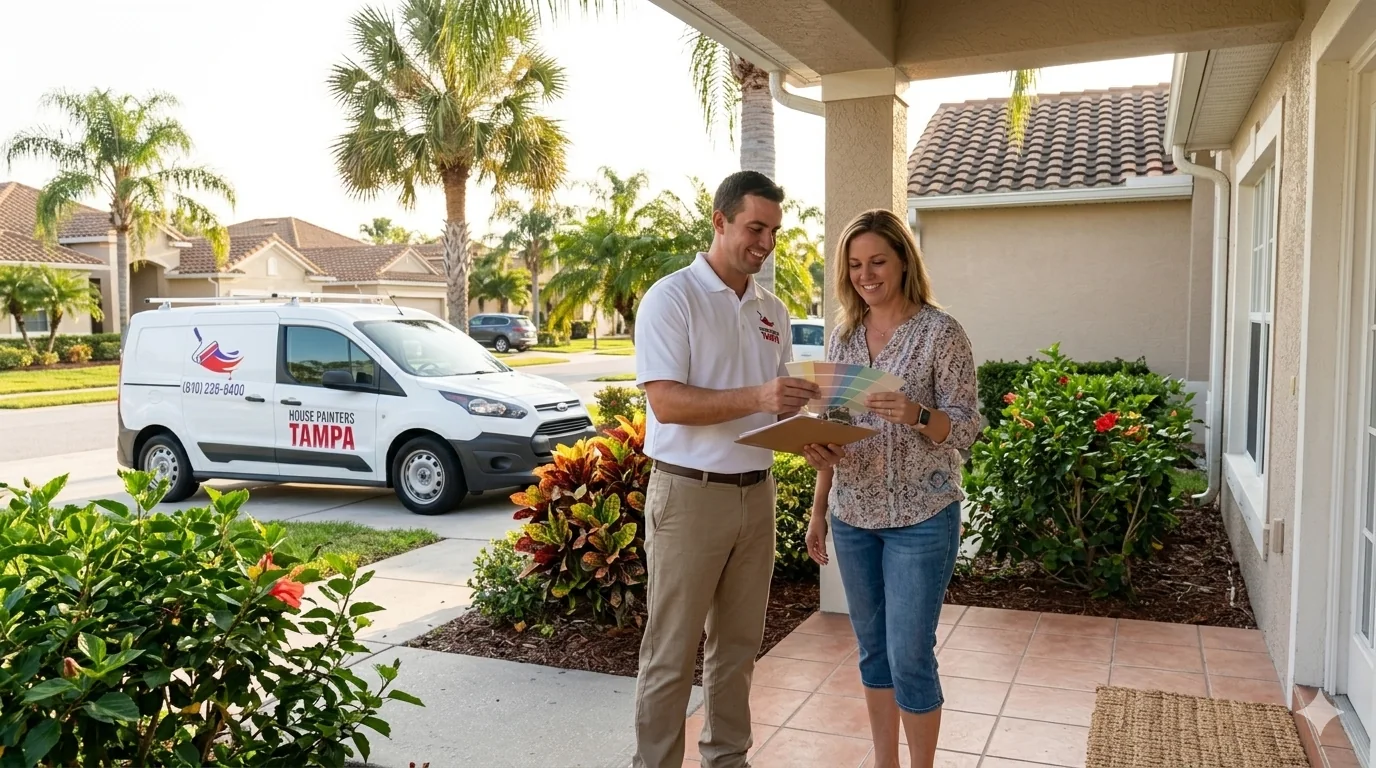 House Painters Tampa crew meeting a homeowner for a free estimate outside a Tampa home