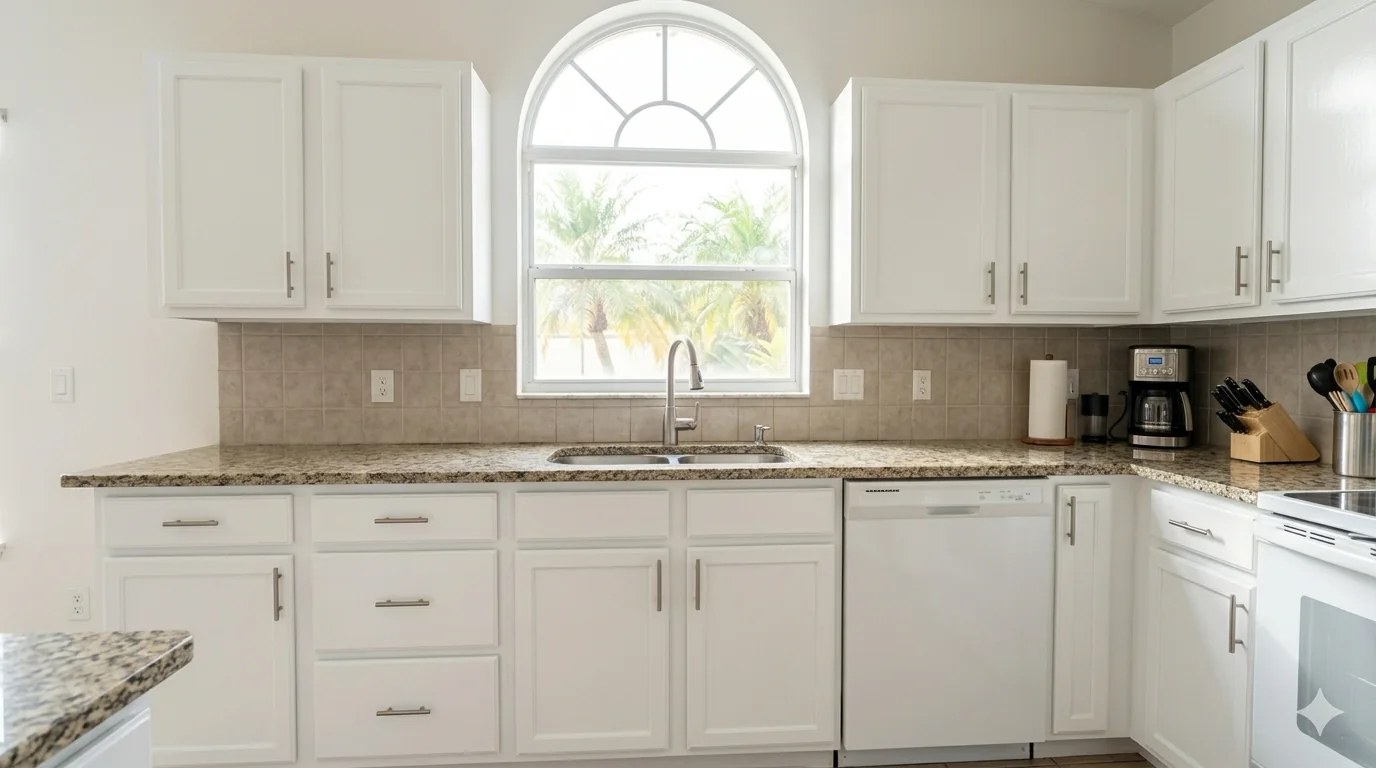 Bright white kitchen cabinets in a Tampa home after refinishing by House Painters Tampa